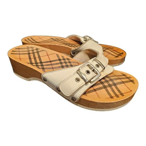 BURBERRY Nova Check Wood Slide Buckle White Leather Sandles - Size 6 - Picture 1 of 7